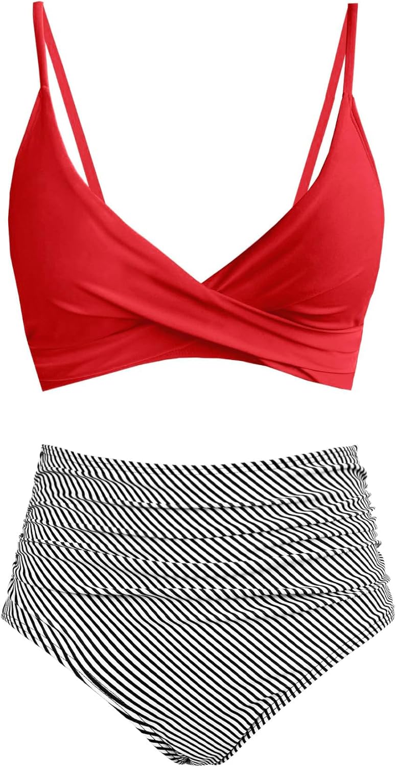 Amy Babe Women's High Waisted Bikini Sets Push Up Twist Front Spaghetti Straps Ruched Two Piece Swimsuit Bathing Suit
