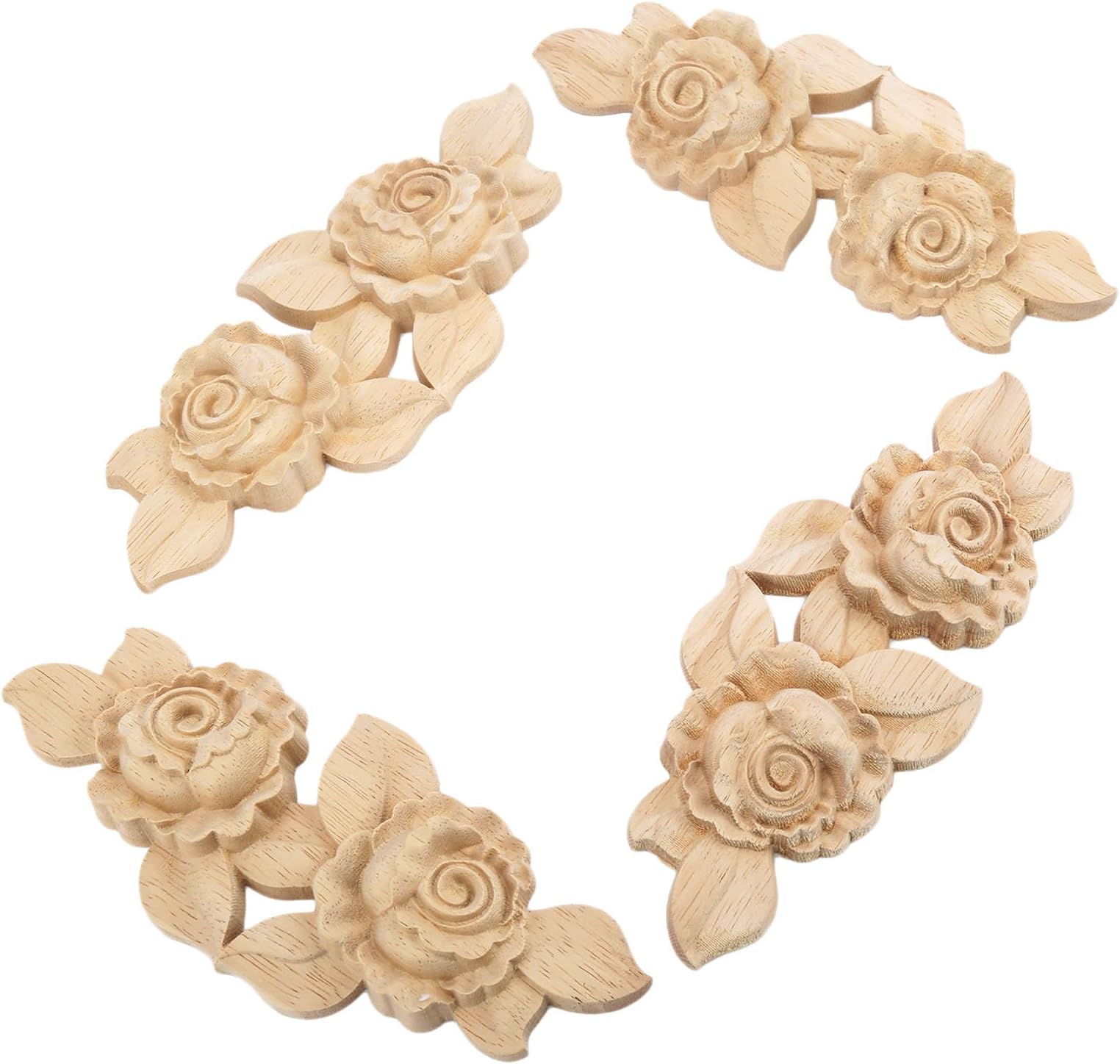 MUXSAM Rose Wood Carved Appliques Onlay, 4-Pack Unpainted Wooden Mini Decals for Cupboard Cabinet Wall Dresser Bed Mirror Mantels Fireplace Wardrobe Decor(16.5x7cm/6.5x2.76in)