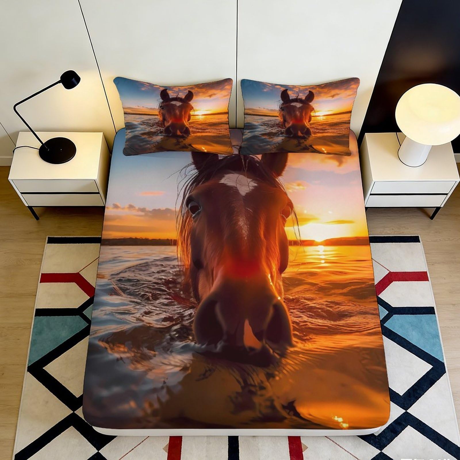 Pnayamiorkfel Style-7 3D Printed Sunset Water Horse Fitted Sheet Microfiber Bedroom Decor Mattress Cover For Home Dorm Guest Room 90X200x25cm