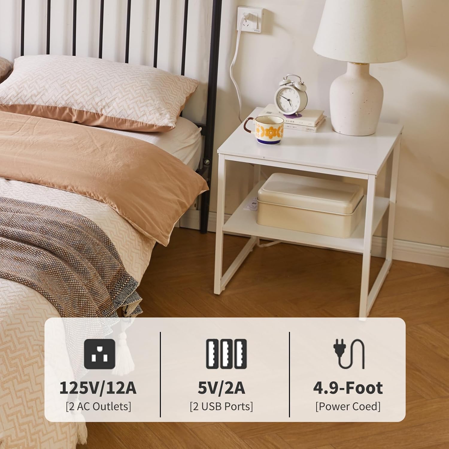 Living Room Large Side Table, End Table with Charging Station, Refrigerator Stand Printer Table with Adjustable Shelves, Office Square Coffee Table with USB Ports White YD-TM153WD