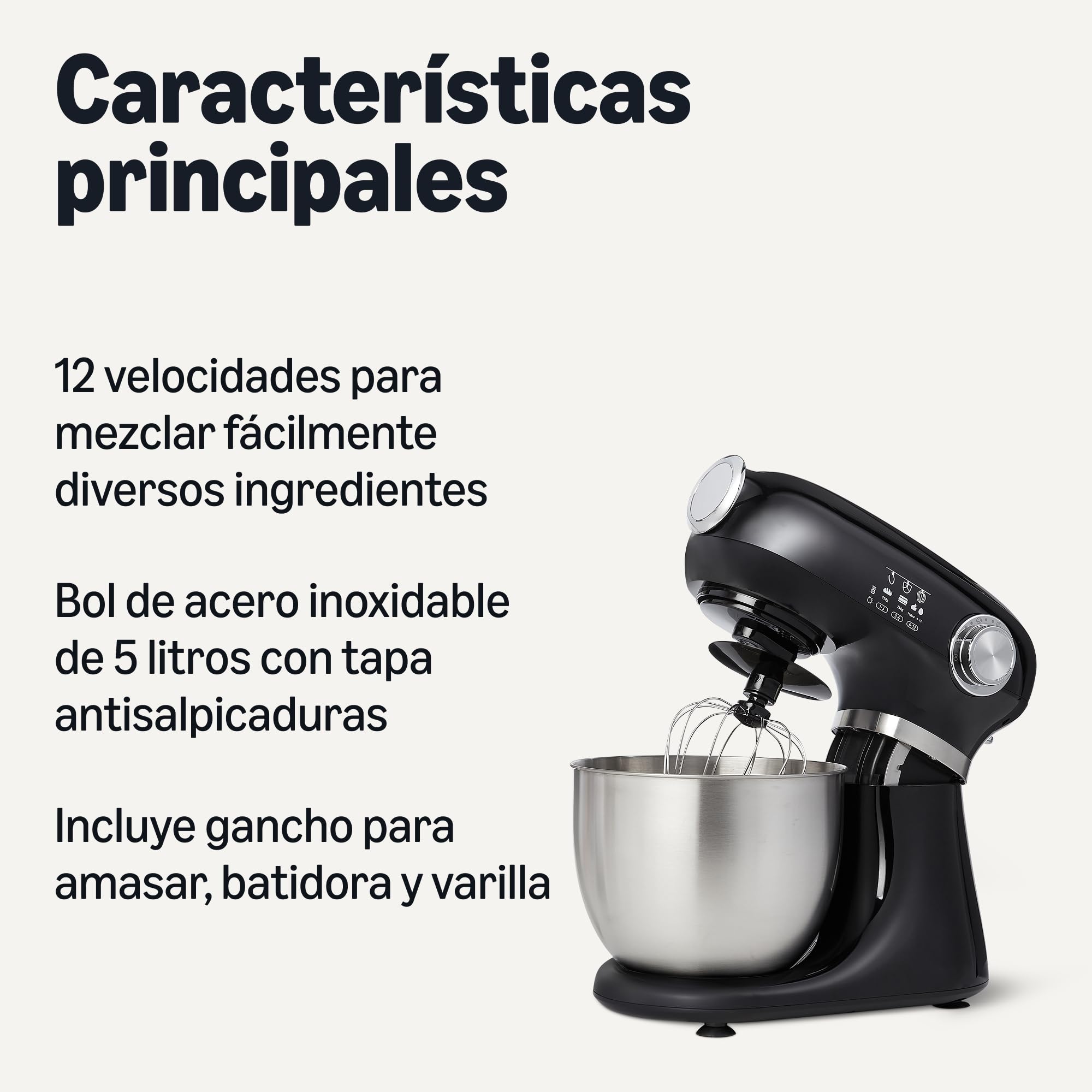 Amazon Basics Batidora de pie, amasadora y mezcladora, tazón de 5 litros con 12 velocidades con función de pulso, 1000 W, Grande, color Negro