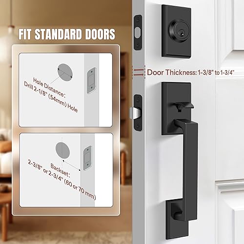 Miniatura 4 de Juego de cerraduras dobles para puerta delantera, manija de puerta delantera con llave con maniquí, palanca de puerta cuadrada resistente y cerrojo