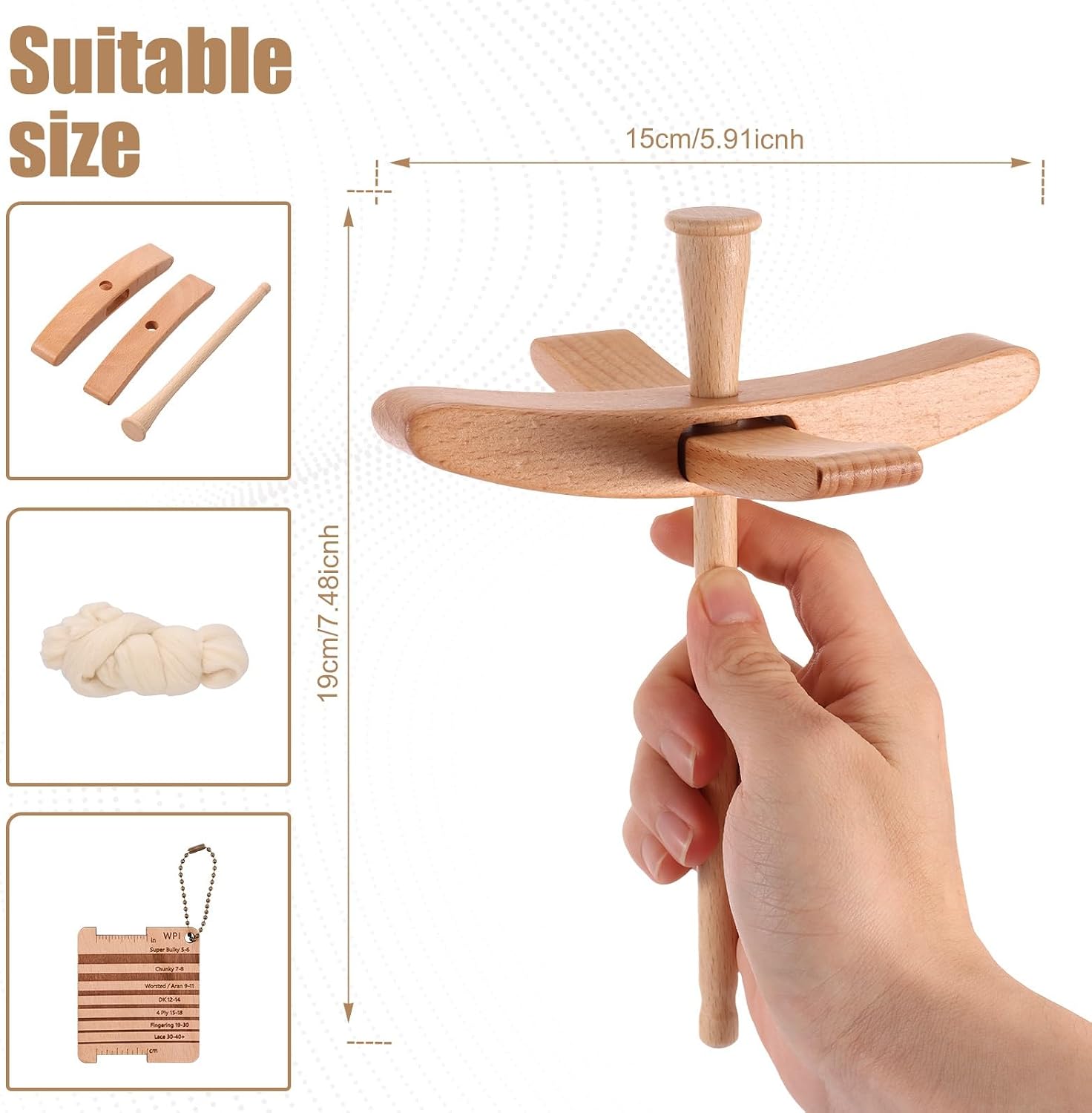 Detachable Drop Spindle with Yarn Measuring Ruler and Wool, Turkish Spindle Kit, Weaving Spinning Wheels, for Beginners Advanced, Wooden Top Whorl Design(1PC)