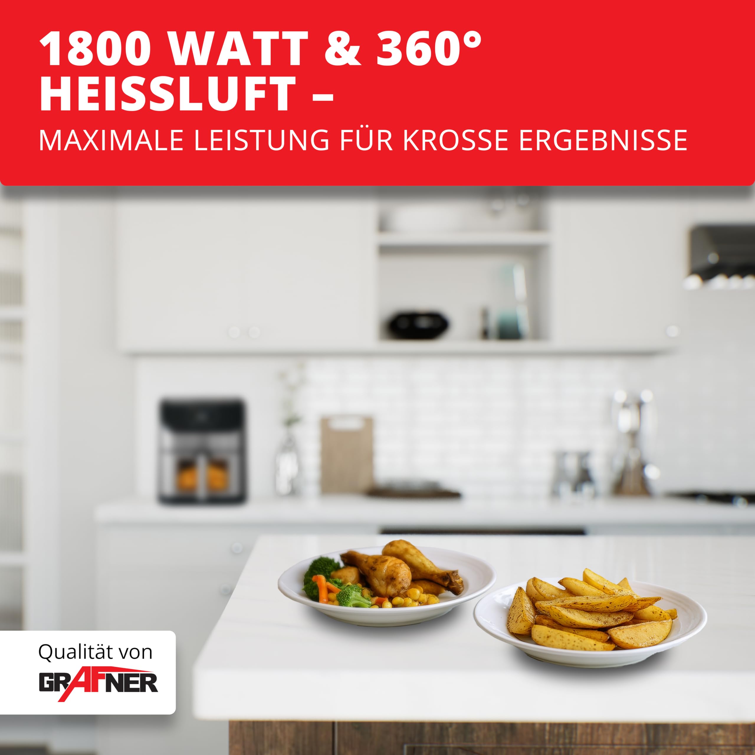 Grafner XXL Digitale Heißluftfritteuse 8 L, 100x Backpapier, LED Touchscreen, 7 Programme, 1800 Watt, Sichtfenster, Antihaft-Beschichtung, Fritteuse ohne Fett ölfrei, Edelstahl Air Fryer Friteuse