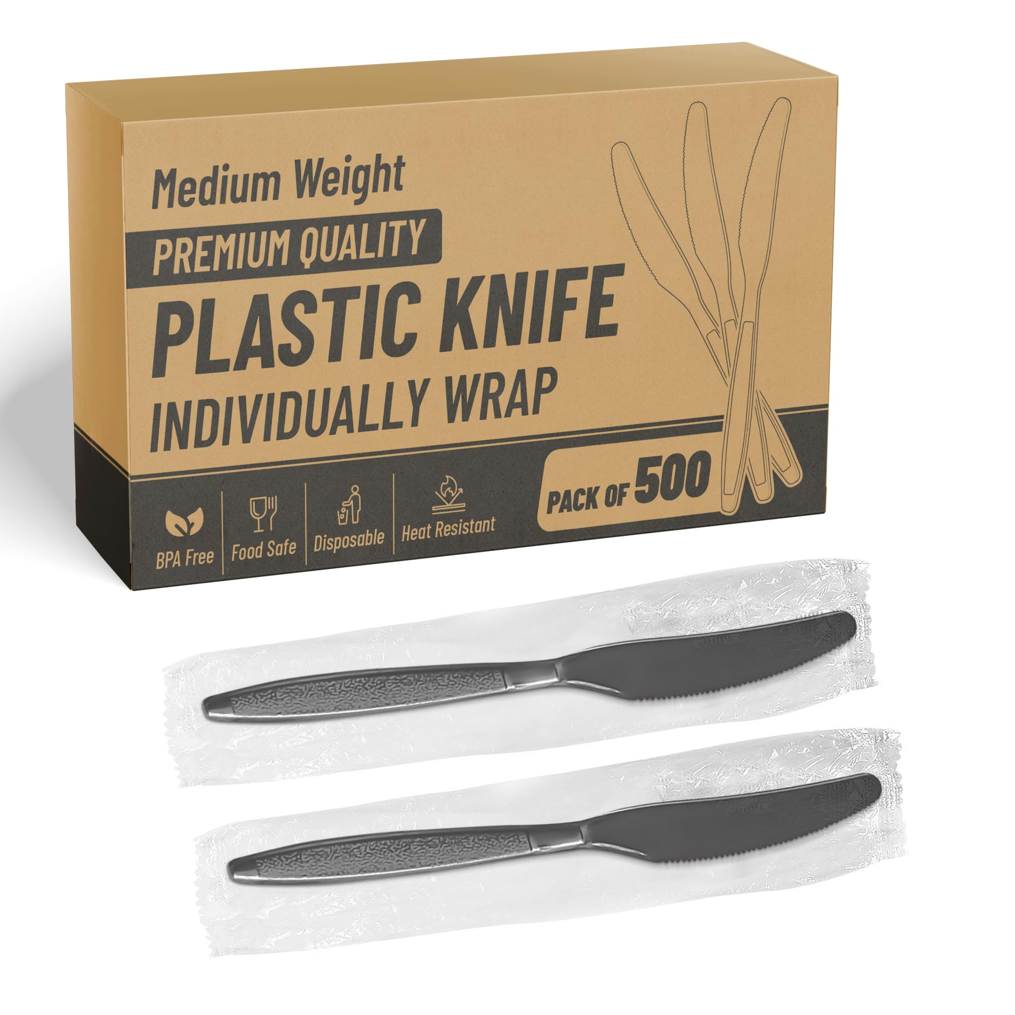 SafeWare Individually Wrapped Black Plastic Knives 500 Pcs - Medium Weight - Ideal for House Party, Backyard BBQ, Picnic, Home, Use.……