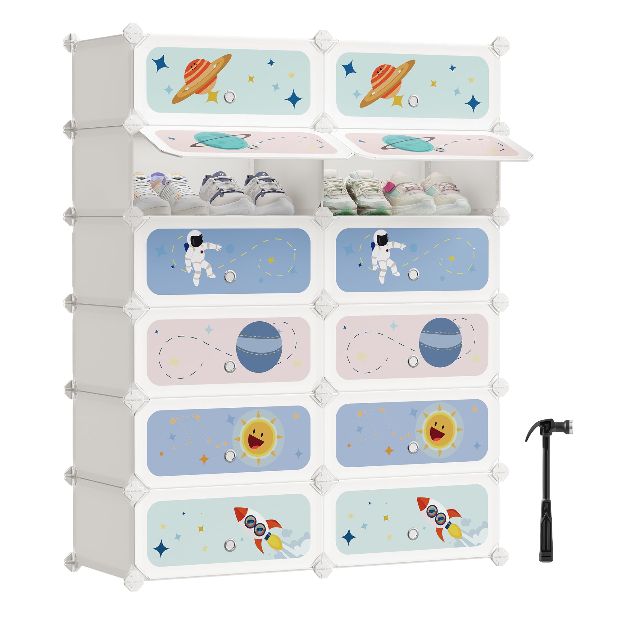 SONGMICS Estantería Modular Infantil 12 Cubos, Zapatero Plástico con Puertas, 31x81x106 cm, Blanco Nube