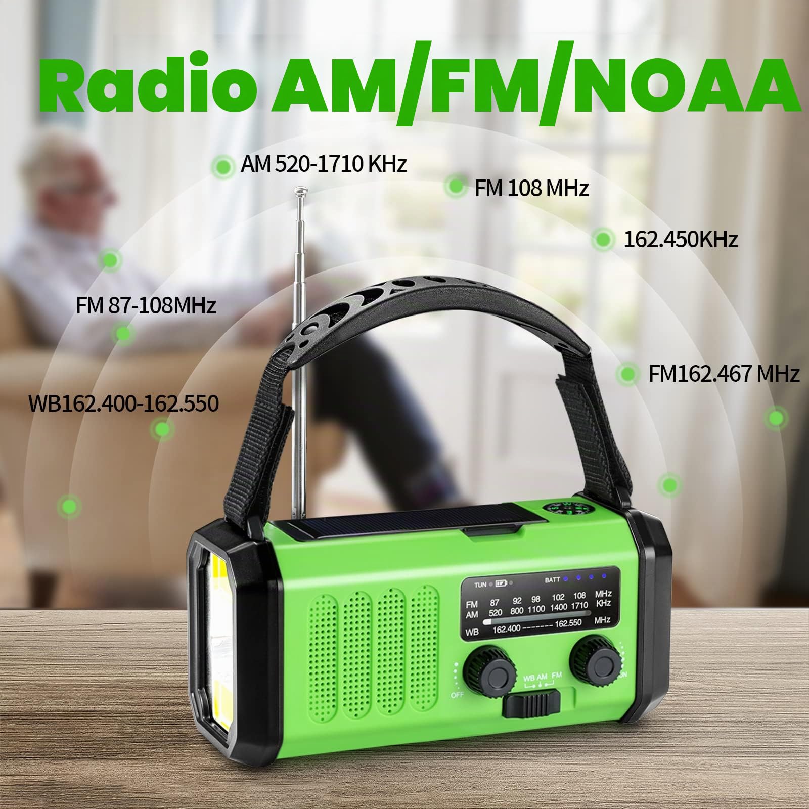Leaton Radio de emergencia de manivela, 10000 mAh, funciona con energía solar, radio meteorológica NOAA/AM/FM con linterna LED multifunción y cargador de teléfono celular para emergencias en
