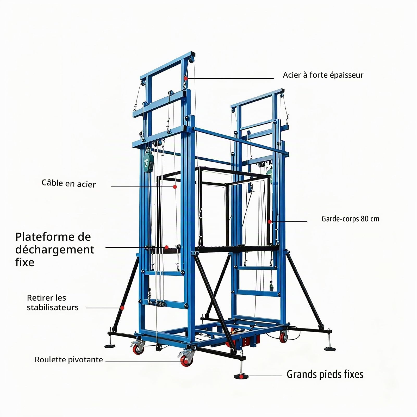 Échafaudage électrique avec télécommande, échelle de construction pliable, charge maximale de 400 kg, hauteur de levage de 2 m