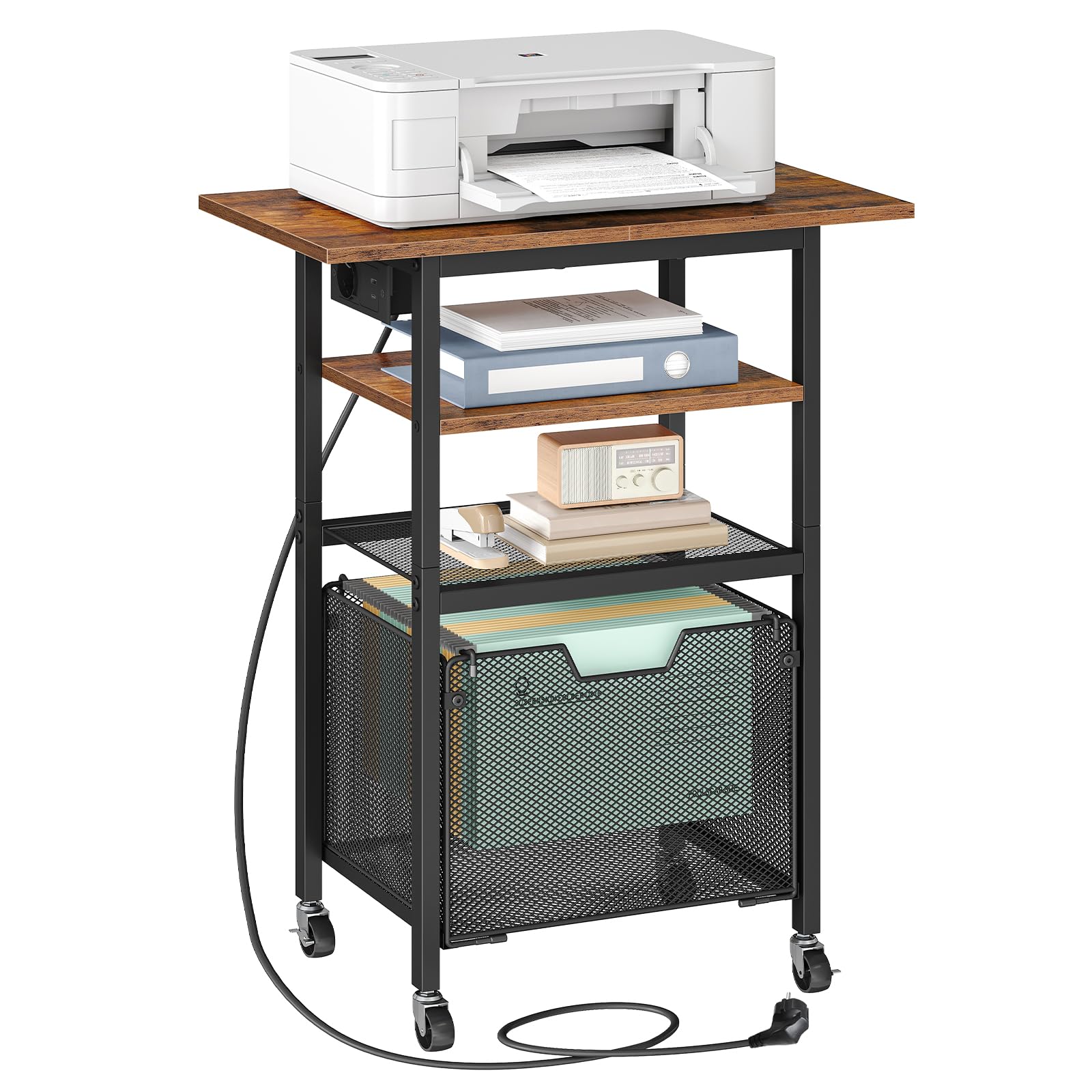 HOOBRO Soporte de Impresora con Estación de Carga, Mesa Rodante con Cajón para Documentos, Carrito Móvil de 4 Niveles con Toma CA, para Oficina, Marrón Rústico y Negro EBF17CPS01