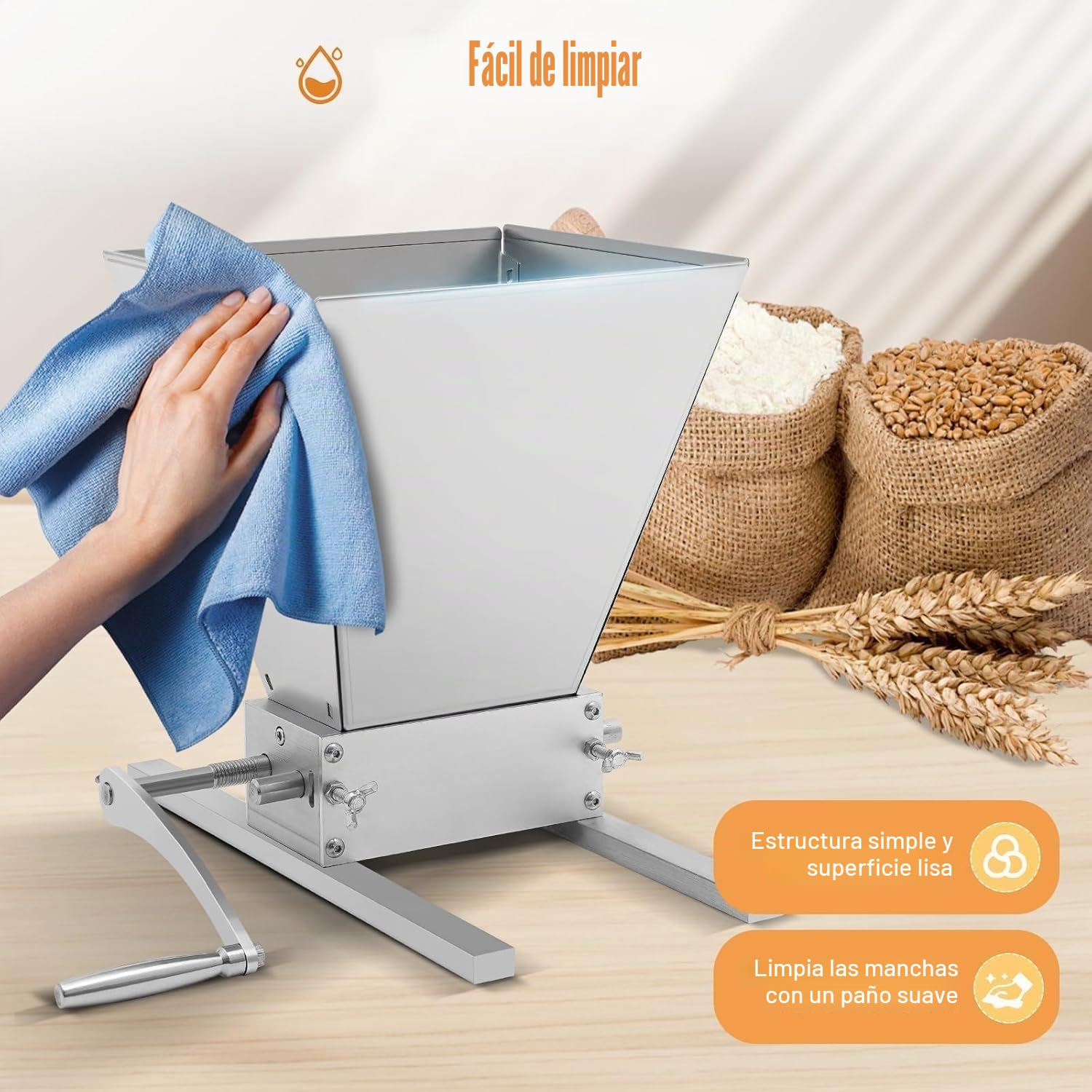 Molino de malta moderno de 4 l - Prensa de cereales manual - Acero inoxidable con rodillo ajustable - Rompecabezas con dos modos de funcionamiento - Ideal para moler granos en casa