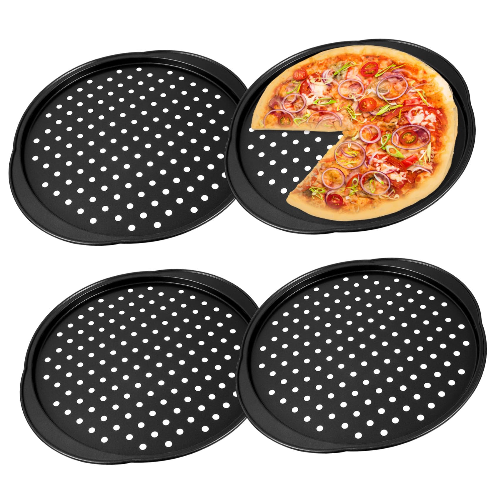 Ipetboom 4 Stück Perforierte Pizzapfannen Karbonstahl mit Antihaftbeschichtung Kleine Griffe Rund Gelocht Backbleche für Ofen Backzubehör Luftzirkulation für Knusprige Pizza