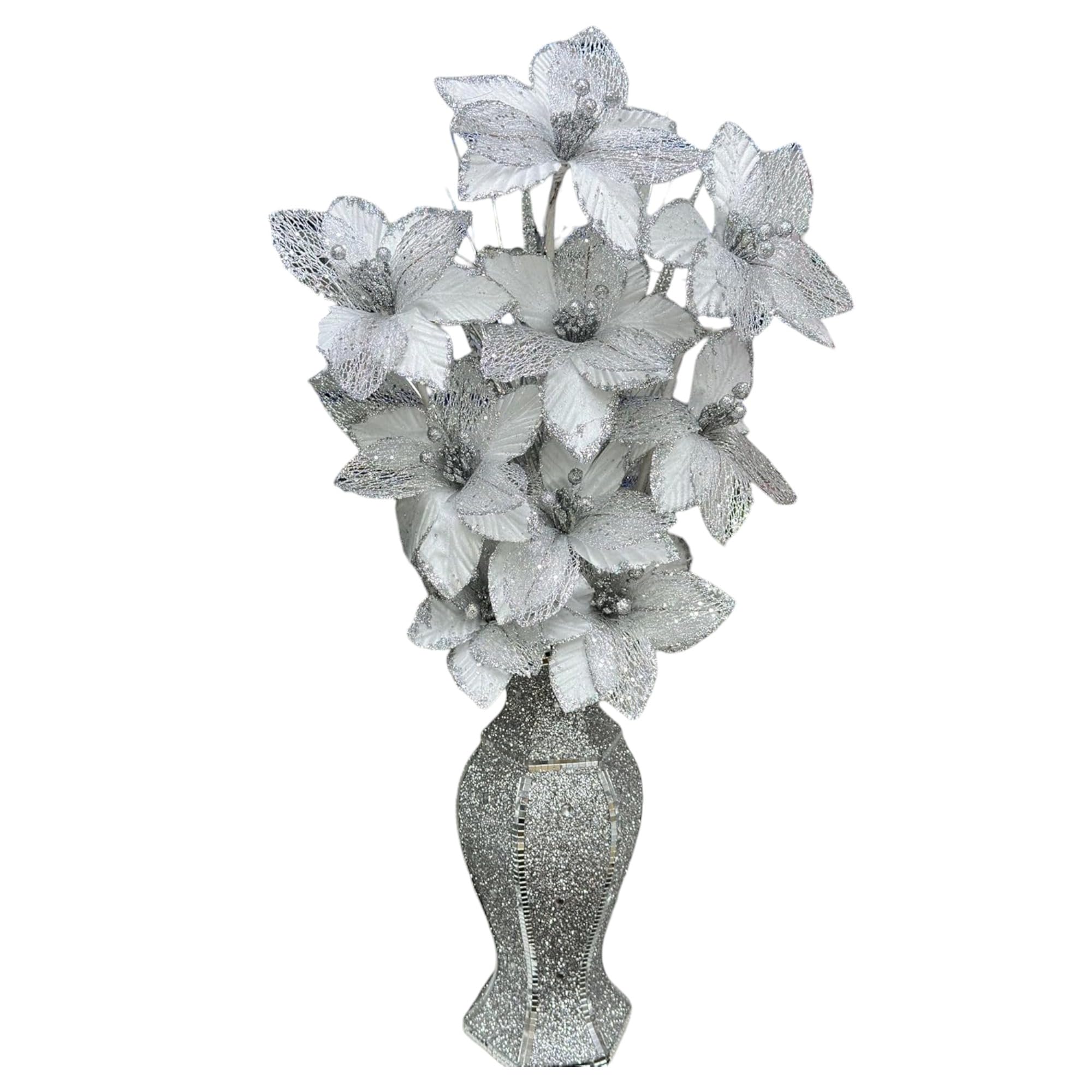 Shabjy White And Silver Crushed Diamond Silver Sparkle Mosaic Vase With White Glitter Flowers | 65X35x20cm | Romany Bling Ornament | Crystallized Artificial Flower Arrangement | Home, Office, Wedding, Gift Decoration