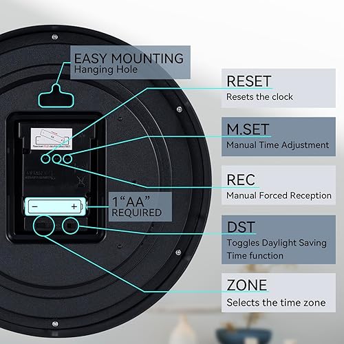 Miniatura 6 de AKCISOT Reloj de Pared Atómico de 10 Pulgadas Relojes Analógicos para Cocina Interior - Reloj Silencioso Operado con Batería para Dormitorio Oficina