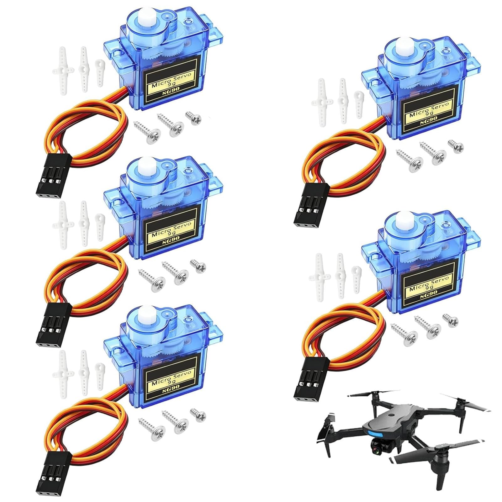 5 X Micro Servo Moteurs SG90 9G – 180 Degrés – 4.8V-6V – Kit Pour Robots, RC, Arduino – Engrenages Nylon – Temps De Réponse 0,1s