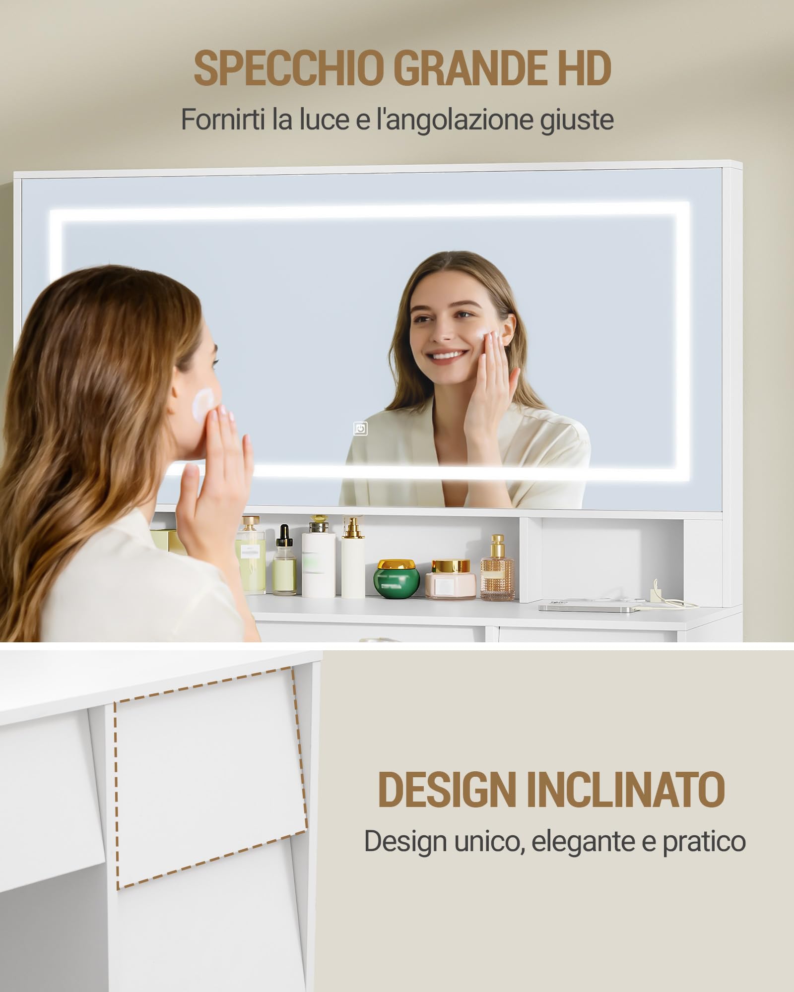 Hzuaneri 108 cm Toeletta Trucco, Postazione Trucco con Grande Specchio HD, Ciabatta Multipresa, Illuminazione a LED, 9 Cassetti, 3 Scomparti Portaoggetti, per Camera da Letto, Bianco 1180303XEU
