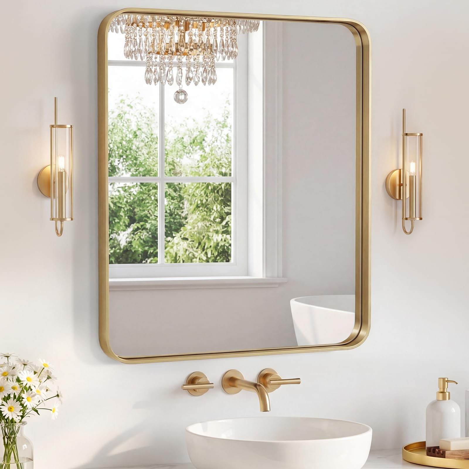 Sweetcrispy Bathroom Mirror 36x24 Inch Metal Framed Rounded Rectangle Vanity Mirror for Wall, Over Sink, Farmhouse, Restroom, Anti-Rust, Modern Decorative, Horizontal or Vertical Hanging, Gold