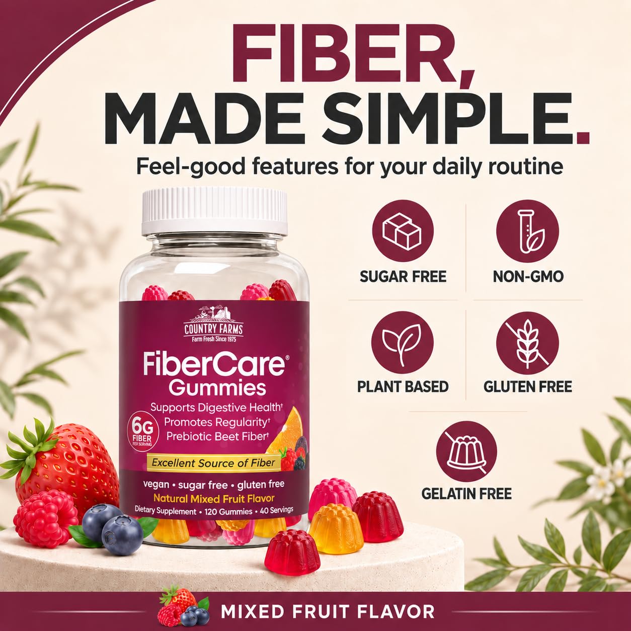 Country Farms Fiber Care Prebiotic Gummies, 6g of Fiber Per Serving, FOS from Beets, Digestive Health, Supports Regularity, Mixed Fruit Flavor — Amazon image 9