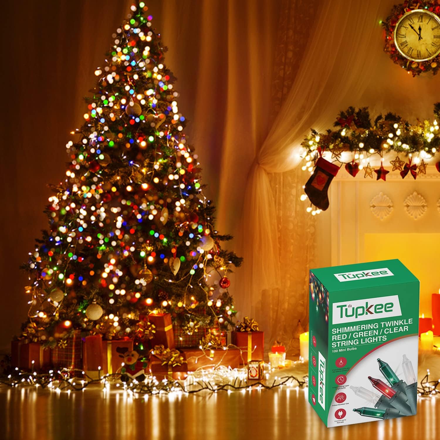 Christmas Random Shimmering Twinkle Lights - 12 of 100 Lights Twinkle – Indoor Outdoor - 20.5 Feet Light String, 100 Red, Green, & Clear Bulbs - Christmas Tree Holiday Decor Twinkling Christmas Lights
