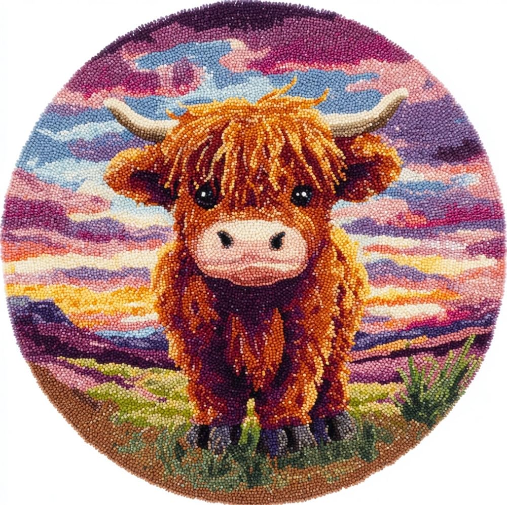 kitphoenix Latch Hook Rug Kit, Sunset Highland Cow Cub