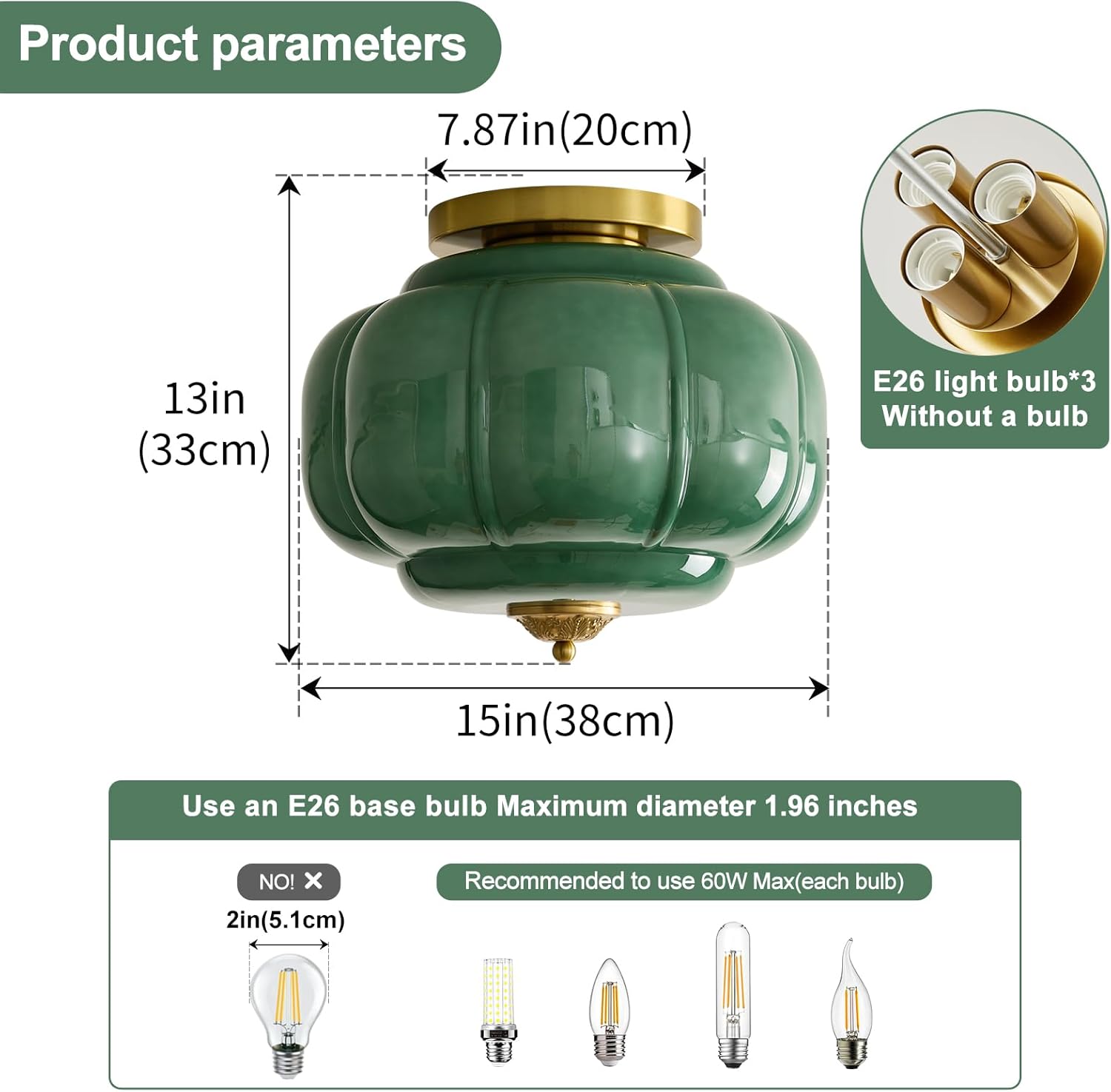 Vintage Ceiling Light Fixture 15 inch Semi Flush Mount Ceiling Light Antique Green Mid Century Milk Glass Ceiling Light for Kitchen Dining Room Hallway and Bedroom E26