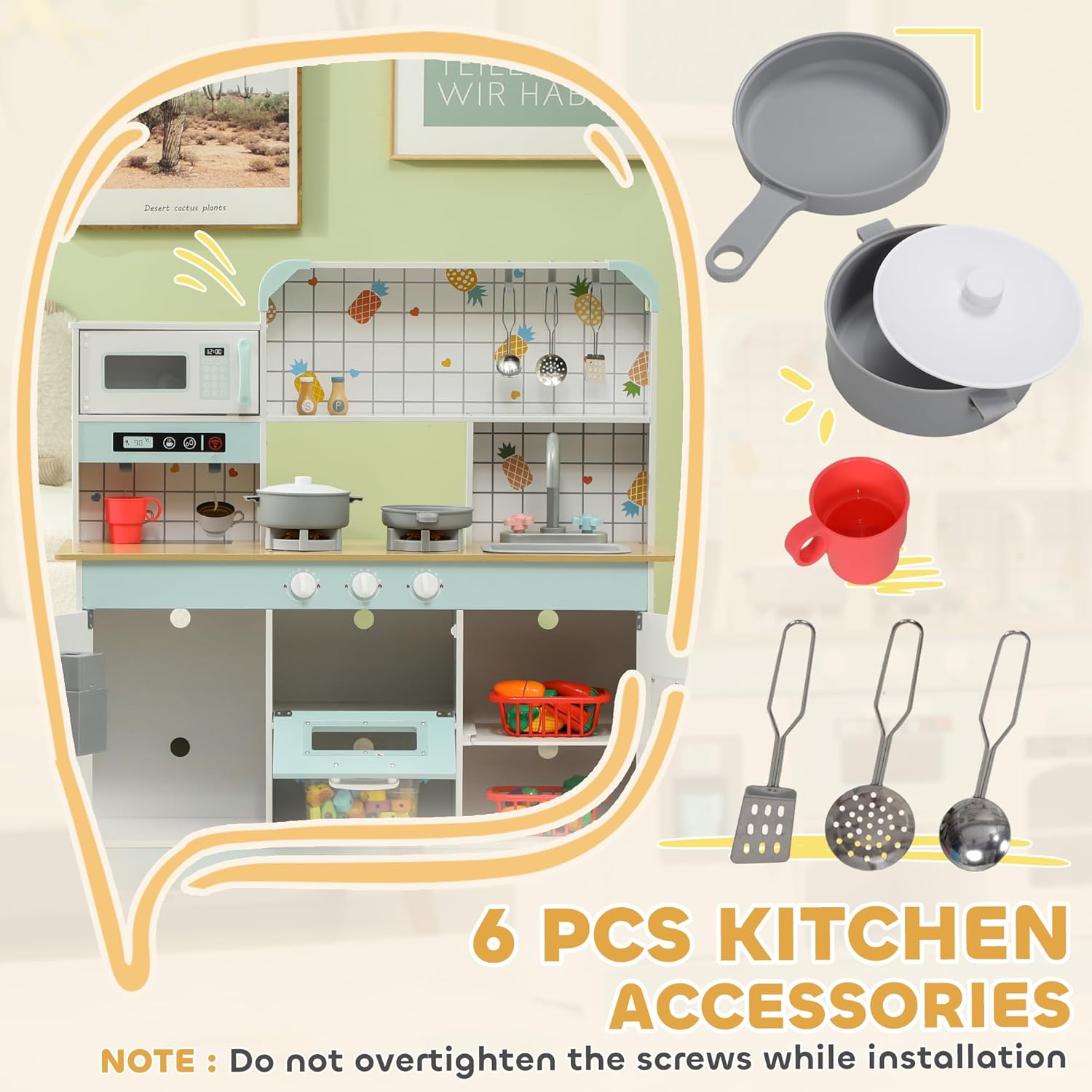 Included 6-piece cookware accessories for the play kitchen