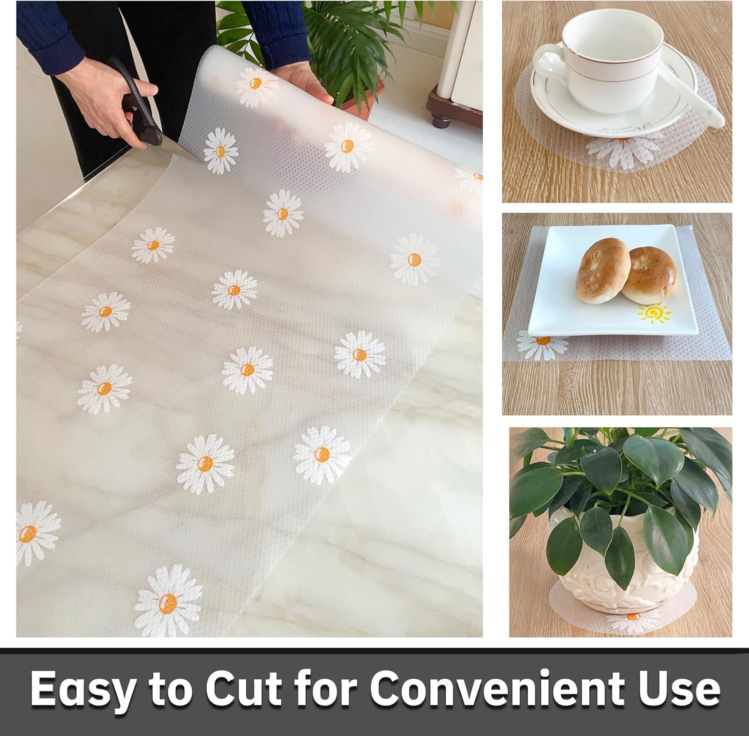 Non-Adhesive Shelf Liners for Kitchen Cabinets, Drawer Liner - Durable EVA Material with Patterns, Oil-Proof, Waterproof - Easy to Clean & Cut (White Yellow, 17.5" W x 356" L)