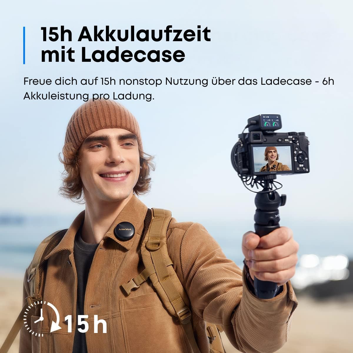 AnkerWork M650 Kabelloses Lavalier Mikrofon, Professionelle Geräuschunterdrückung, Magnetisches Cover, 2-Kanal Abnehmer, 200m Reichweite, 15k Akku, Vlogs & Livestream, Nicht geeignet für Konferenzen