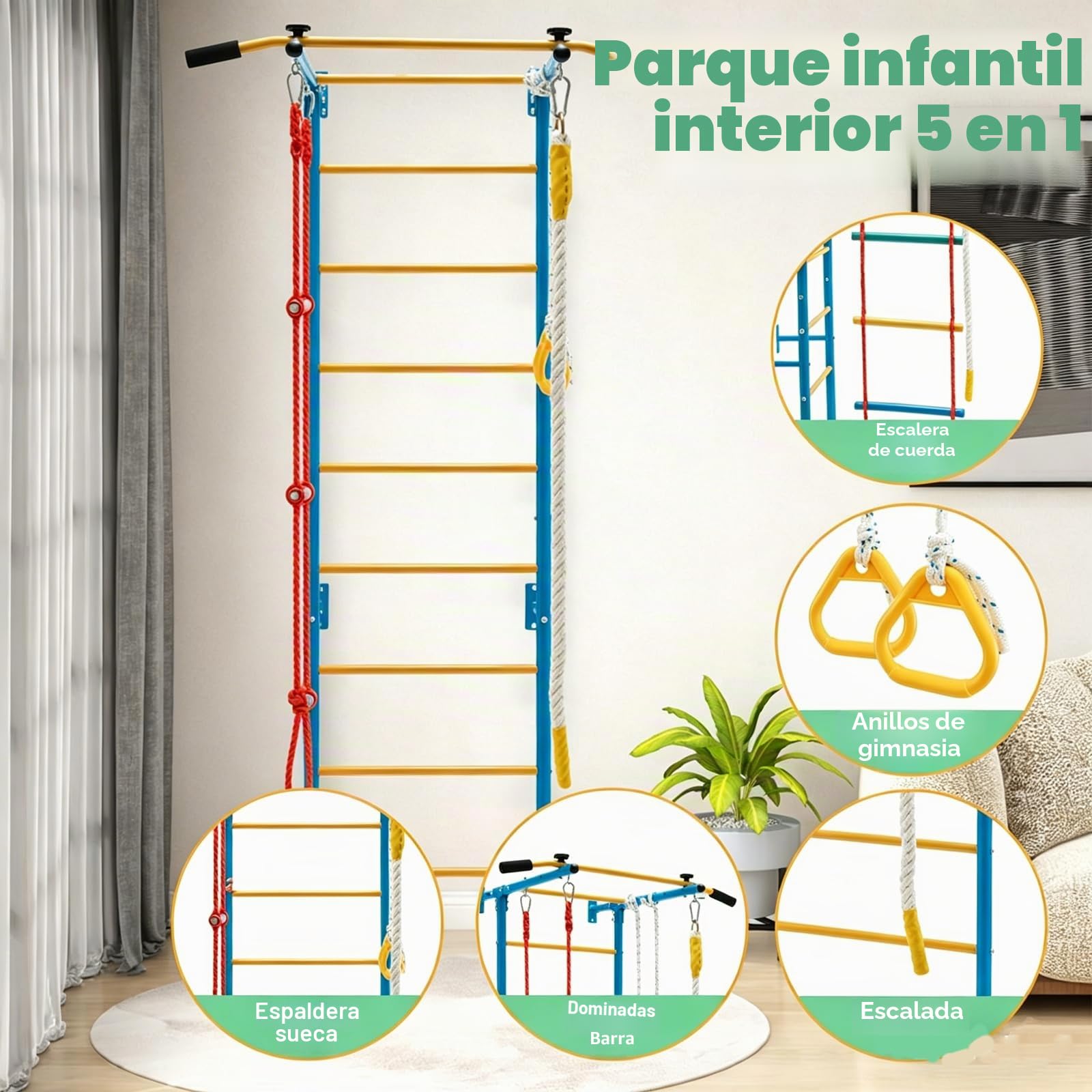 HOMASIS Escalera Sueca Mural 5 en 1, Espalier de Madera con Barra de Tracción, Escalera de Cuerda, Cuerda y Anillos de Gimnasia, Juego de Escalada para Adultos y Niños de 3 Años+ (Amarillo)