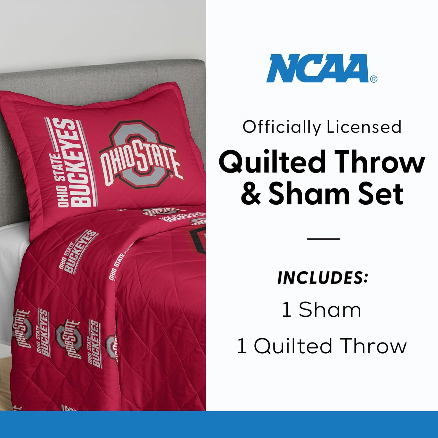 Northwest NCAA Quilted Throw Blanket with Sham, Soft Cozy Bedding, All Seasons, 60 x 80 inches