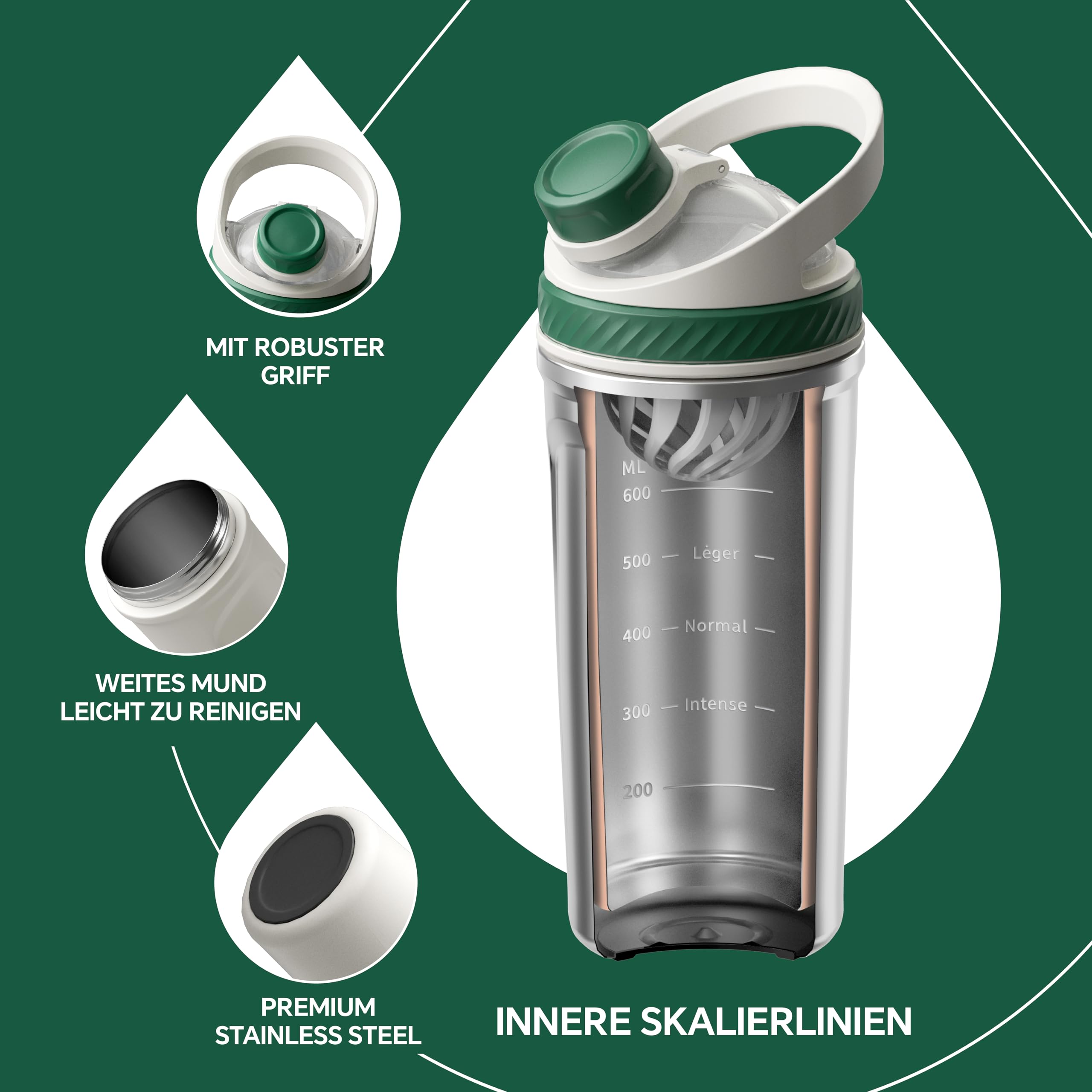 Ideus Shaker Protein Trinkflasche 700ml (24oz)，Doppelwandig Edelstahl Sportflasche mit Skalierlinien, Metall Eiweiß Flasche mit Mischkugel, BPA frei, auslaufsicher Schraubverschluss (Olivenweiß)