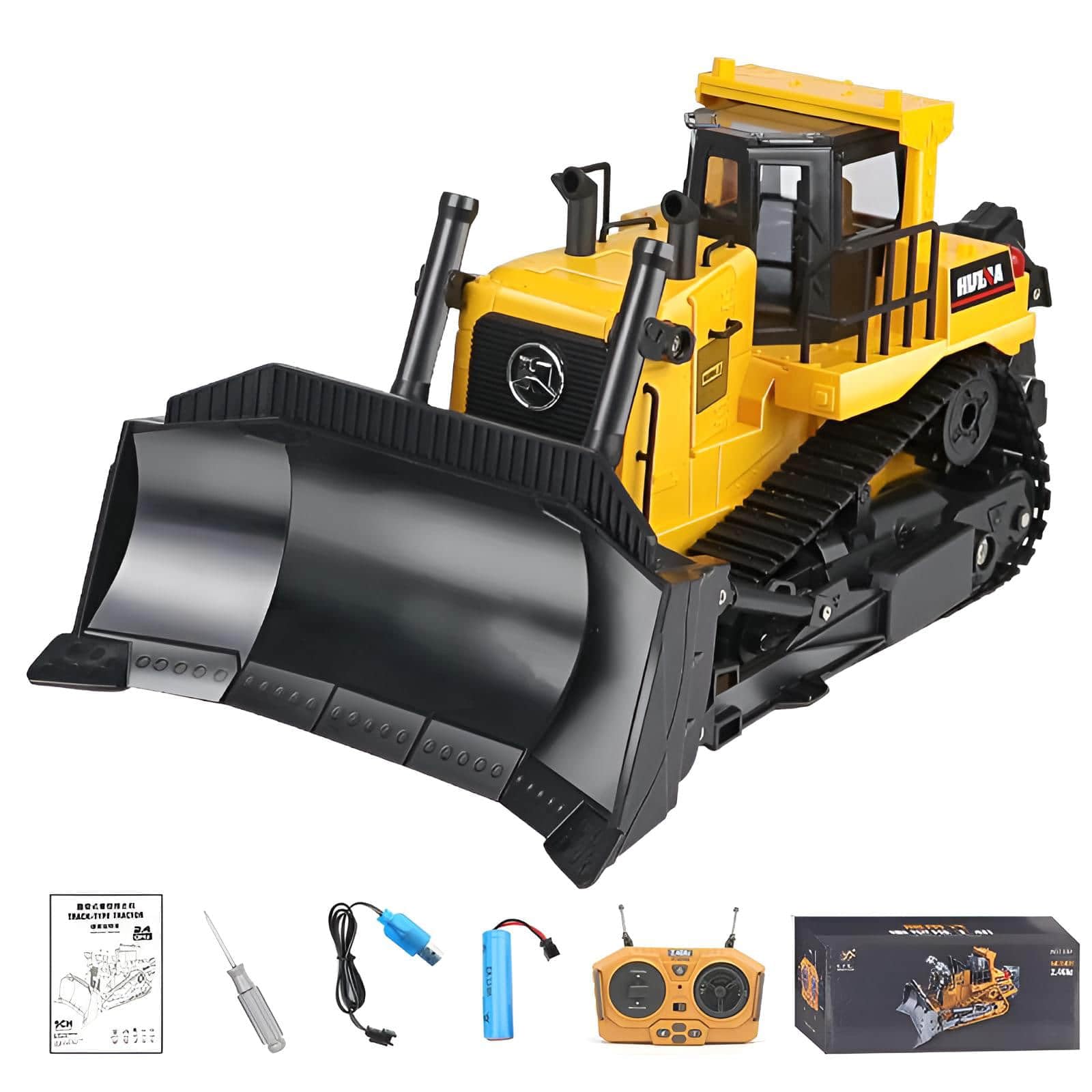 Genérico 1:16 Camión Teledirigido Bulldozer De Servicio Pesado, Rotación De 360 Grados, Pistas Simuladas Y Cubos De Automóviles, Faros Led