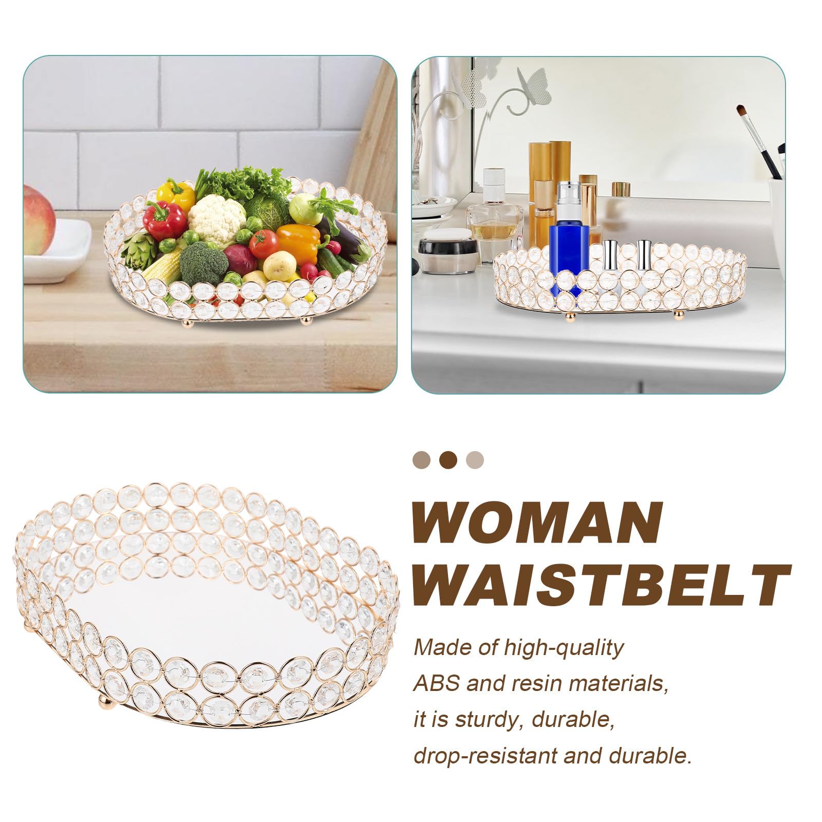 OUNONA Bandeja Decorativa Ovalada de Hierro y Cristal para Joyas, Dorada