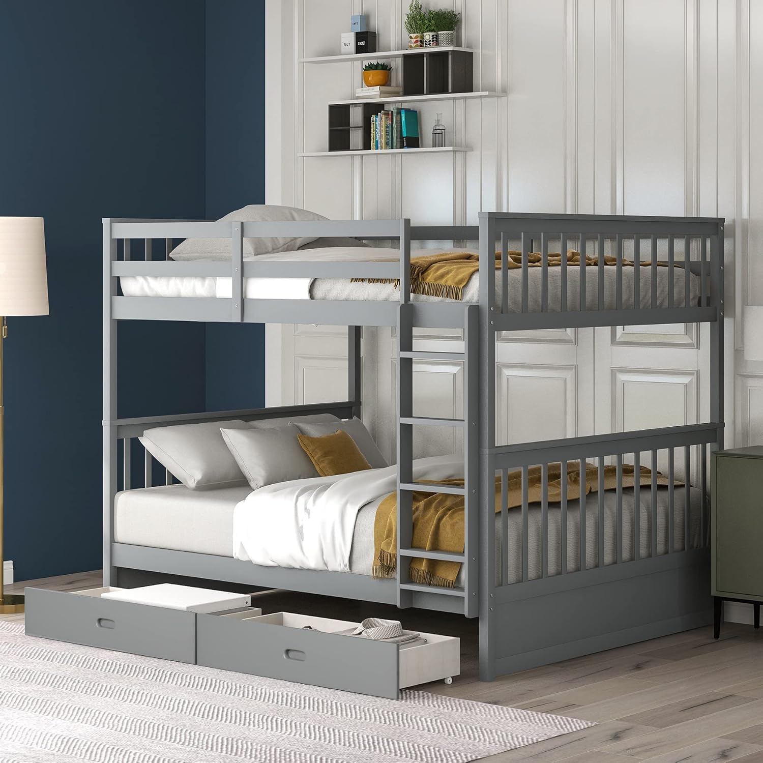 MERITLINE Bunk Bed components laid out, showing two separate full beds and storage drawers
