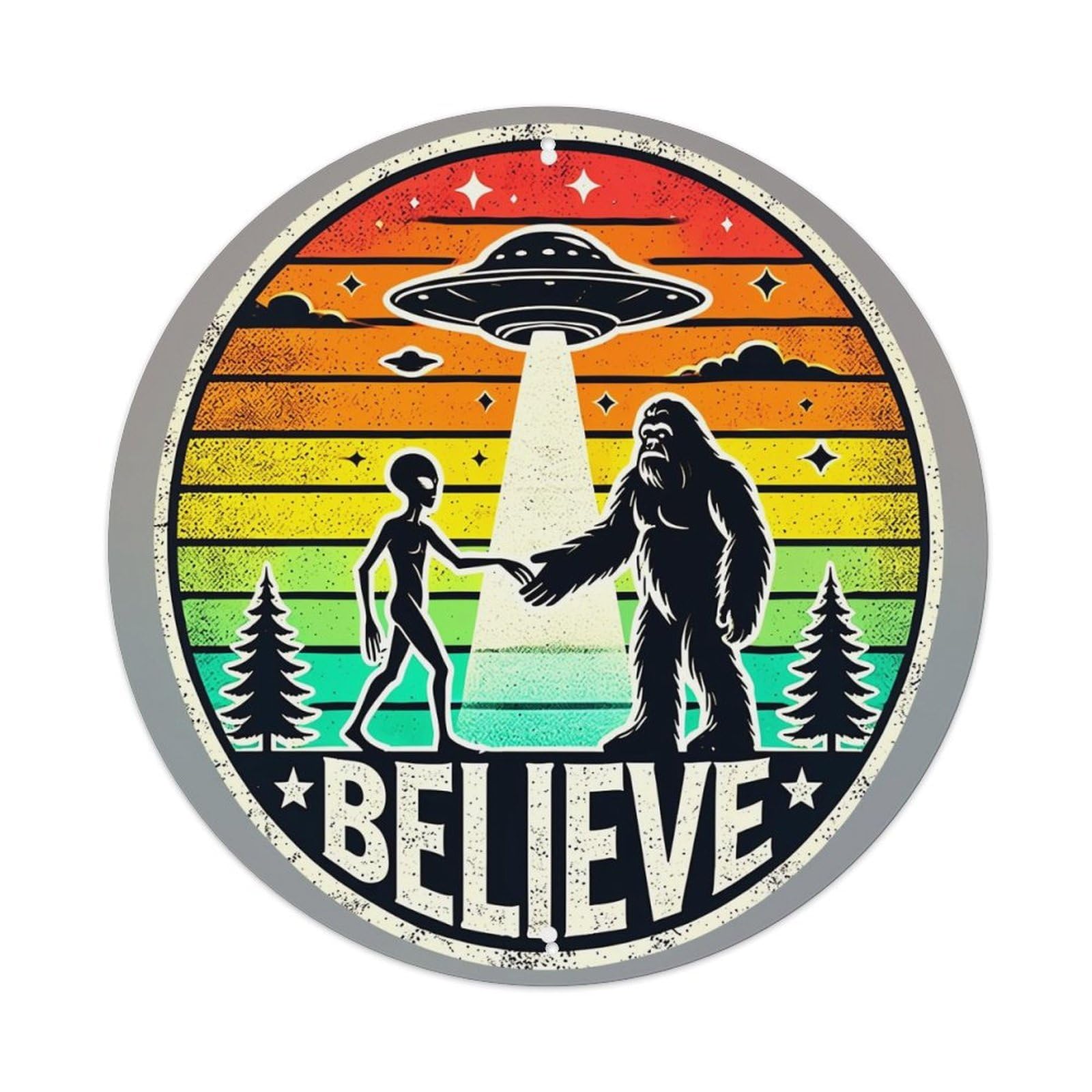 Retro Ufo Bigfoot Believe Design Retro Metal Tin Sign, Vintage Metal Poster for home, Gaming Room, Studio Workshop,Bar,Garage Wall Art Decor 8x8 inch