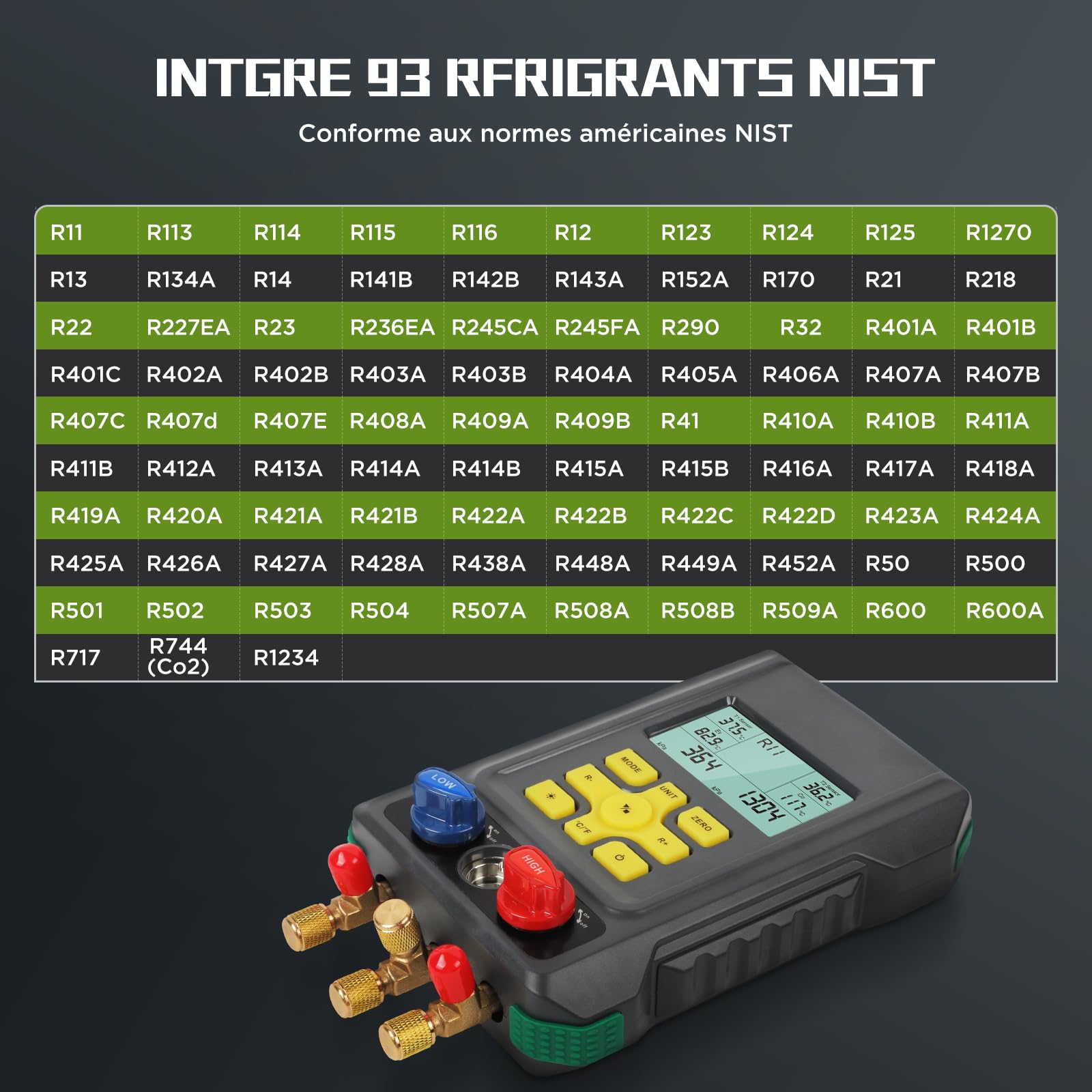 KAISAL Kit de Recharge de Réfrigérant de Climatisation | Base de données de 93 fluides frigorigènes R32 R22 R1234yf R134a R410a Test d'étanchéité sous pression Test de vide