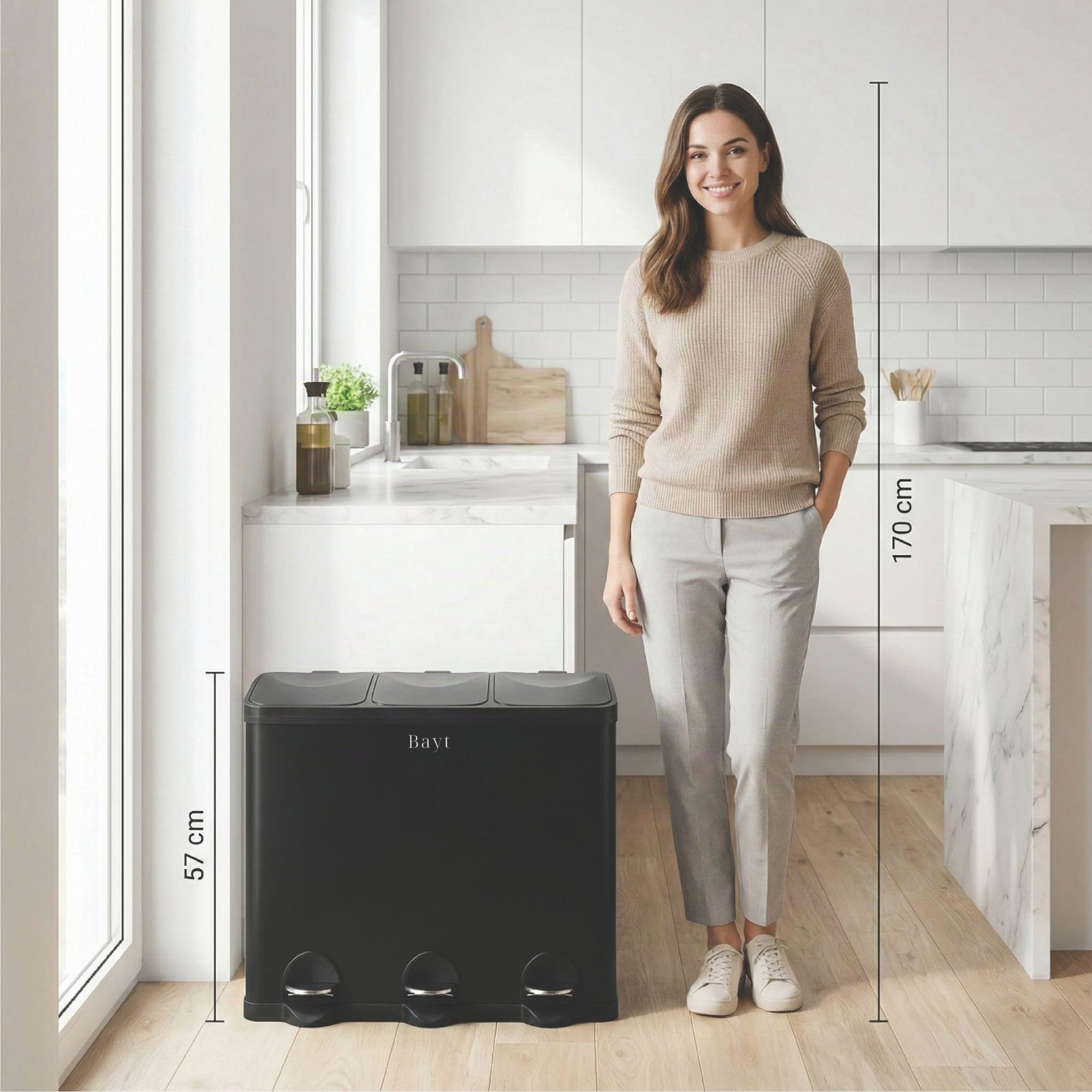 Bayt Cubo de Basura 60L (3 x 20L), Contenedor de Reciclaje para Cocina con 3 Compartimentos, Acero Inoxidable Negro, Pedales, Cubos Interiores, Negro