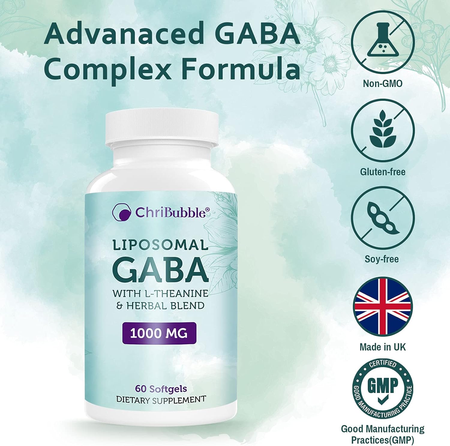 Liposomal GABA Supplements 1000mg with L-Theanine 200mg,High Absorption,Ashwagandha,Chamomile,Tart Cherry Herbal Supplement for Adults,Non-GMO,Gluten Free,180 Softgels(3 Pack) : Health & Household