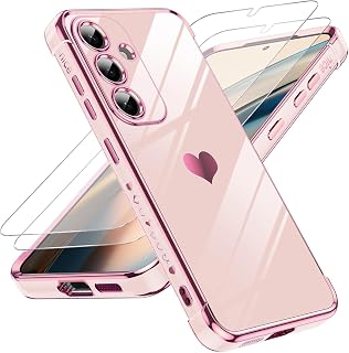 LeYi Cover per Samsung Galaxy S25 5G con 2 Pezzi Vetro Temperato(Rosa) | Custodia Amore Cuore Paraurti Morbido TPU Sottile Case con Protezione Fotocamera Antiurto per Samsung S25 Donne Cover