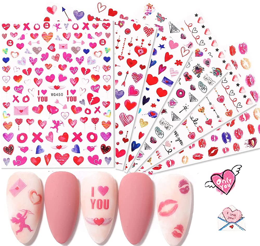Hearts Nail Art Stickers Decals, ELECDON 3D Self Adhesive Acrylic Art Nails Decals Supplies Lips Cupid Arrow Angel Nail Design for Women Girls Fingernails DIY Nail Decoration 6 Sheets