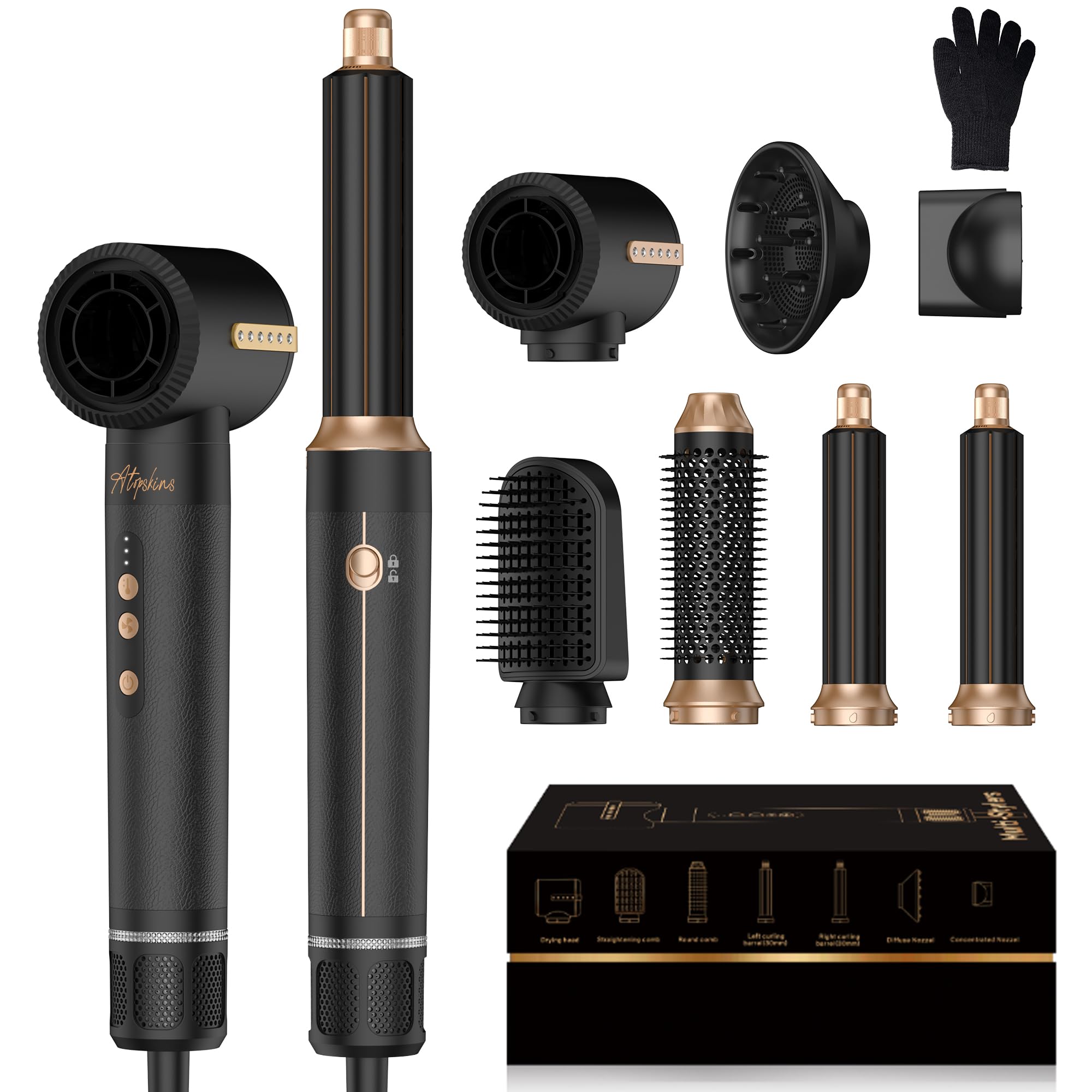 Sèche Cheveux Atopskins 7 en 1 Air Styler Pro,110000 TR/MIM Seche Cheveux Diffuseur Boucle, Air Fer à Boucler à Air de 30 mm,Brosse Souflante, Boucler les Cheveux, 3 Températures1400W Hair Styler