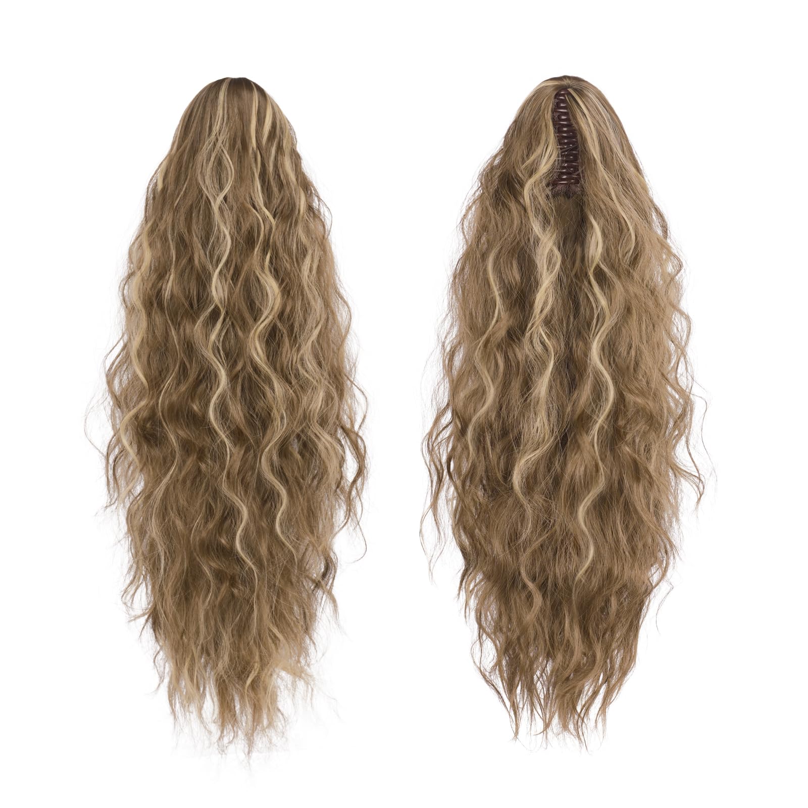 FESHFEN Claw Clip Ponytail Extensions, Long Pony Tail Hair Piece Wavy Curly Synthetic Hairpieces for Women Light Brown & Blonde 26 inch - Image 2