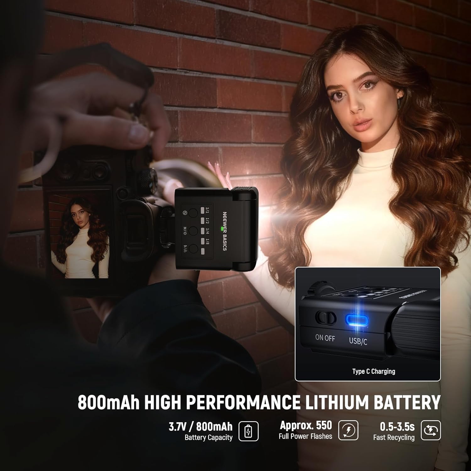 Close-up of the NEEWER BASICS Mini Camera Flash A10L showing the USB-C charging port and the power button, indicating its 800mAh high-performance lithium battery.