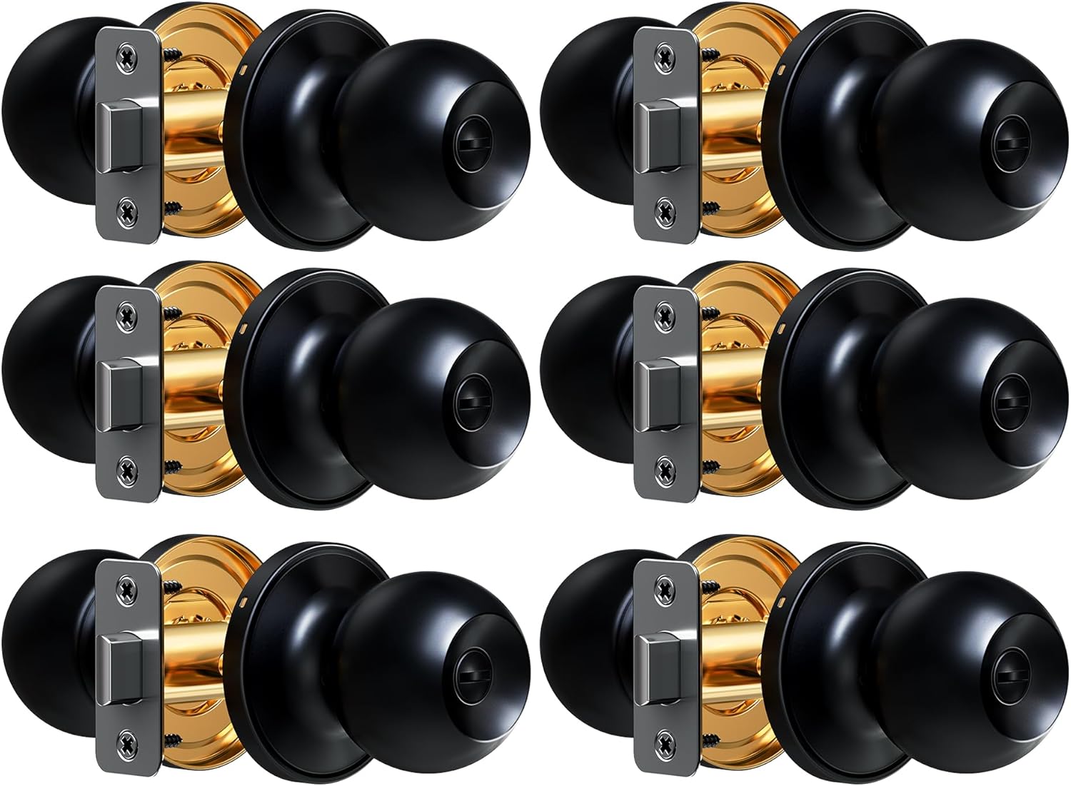 Veise Interior Door Knob 6-Pack, Keyless Privacy Door Locks for Bedroom & Bathroom, Thumb Lock & Emergency Release, Rust-Proof Metal, Easy to Install, Modern Round Doorknobs Set, Matte Black
