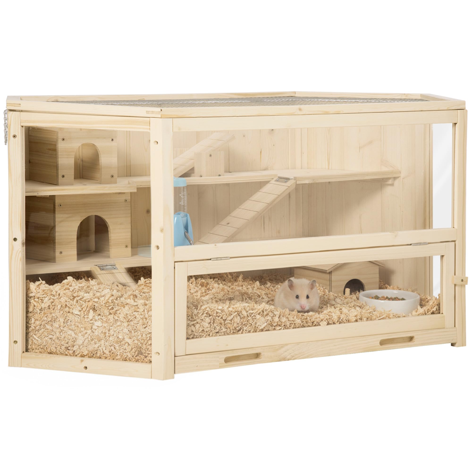 PawHut Wooden Large Hamster Cage, Rat Habitat, 3 Tier Small Animal Exercise Play House with Tray, Water Bottle, Activity Center, Natural