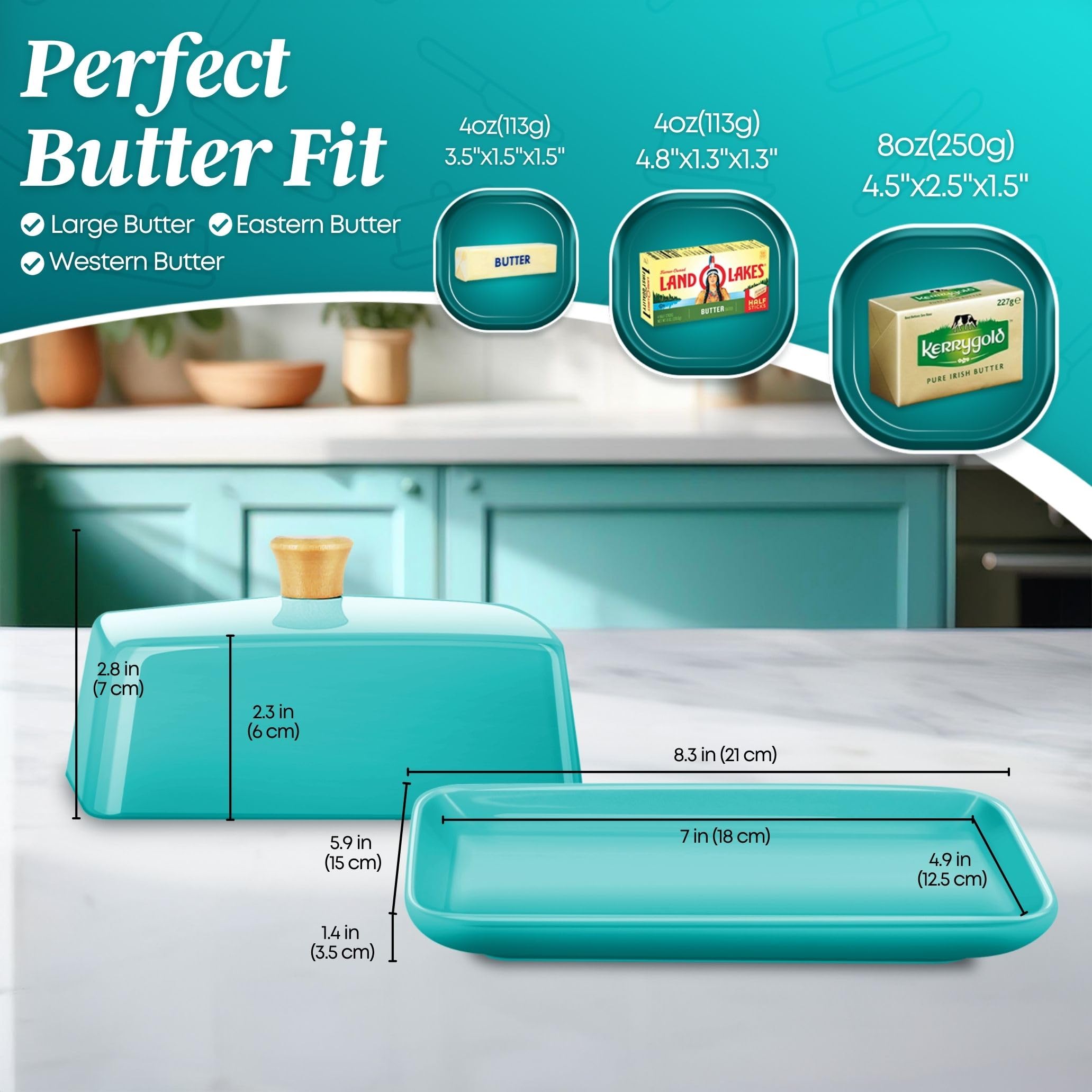 Flexzion Keramische Blau europäische Butterdose mit Deckel für die Arbeitsplatte (20,3 cm) – breite Doppel-Butterdose für 2 Stangen, Aufbewahrung für Frischkäse