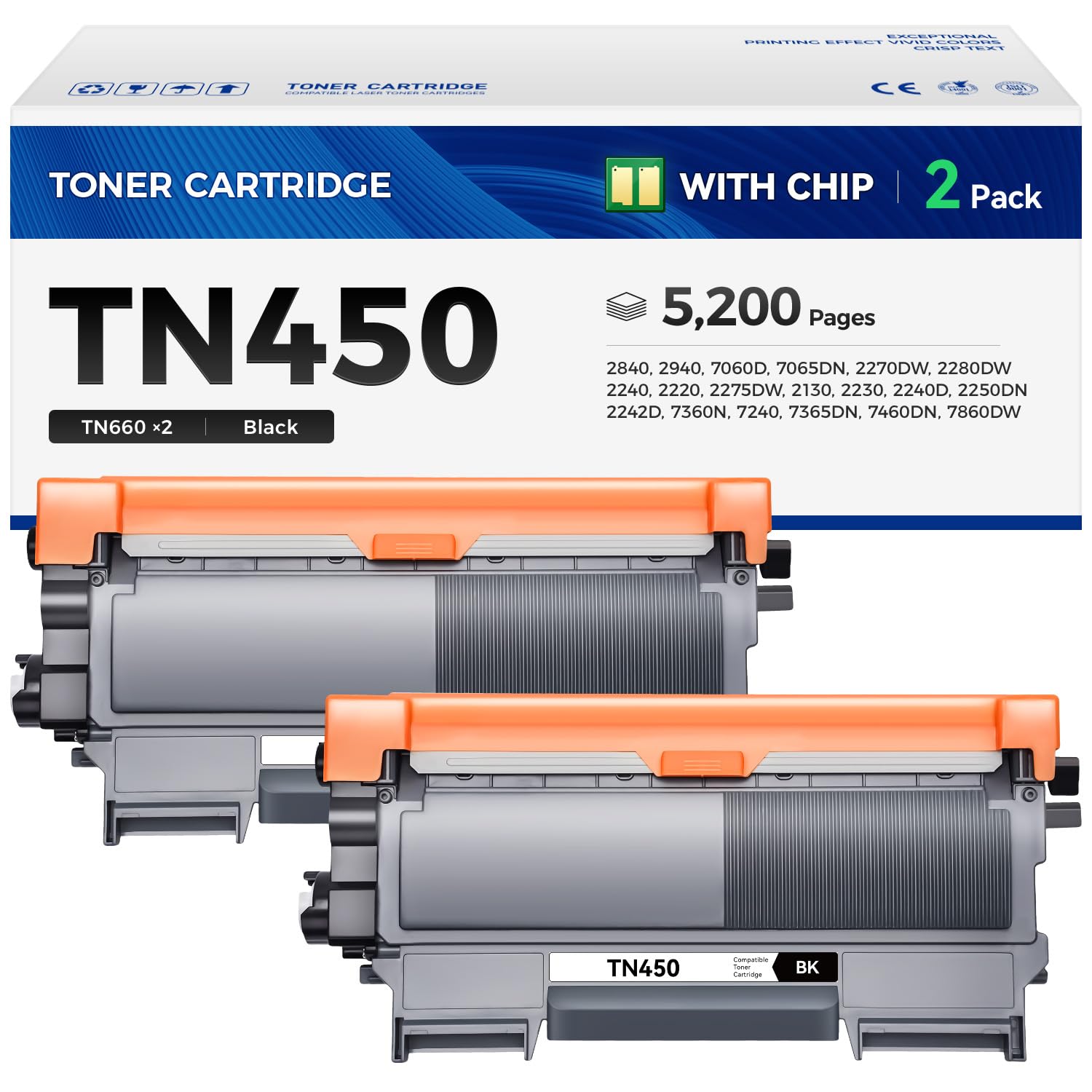 TN450 Toner Cartridge Black 2-Pack Printer Replacement Compatible for Brother TN-450 TN420 TN-420 HL-2270DW HL-2280DW HL-2230 MFC-7360N MFC-7860DW DCP-7065DN Intellifax 2840 2940 MFC-7240 HL-2240D Ink