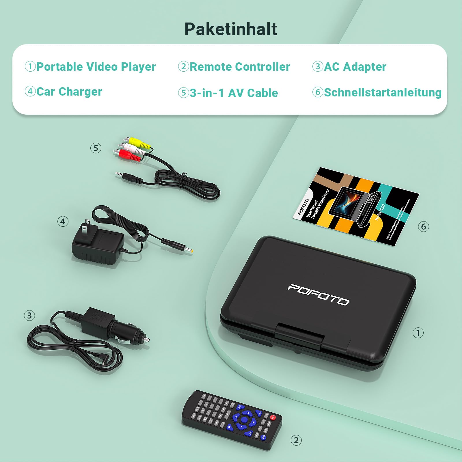 POFOTO 9,5" Tragbarer DVD Player mit 7,5" HD-Schwenkbaren Bildschirm, 4-6 Stunden Akkulaufzeit, DVD Player Auto mit Dual-Lautsprechern, Autoladegerät, Netzteil, Sync TV/USB/SD-Karte (Schwarz)