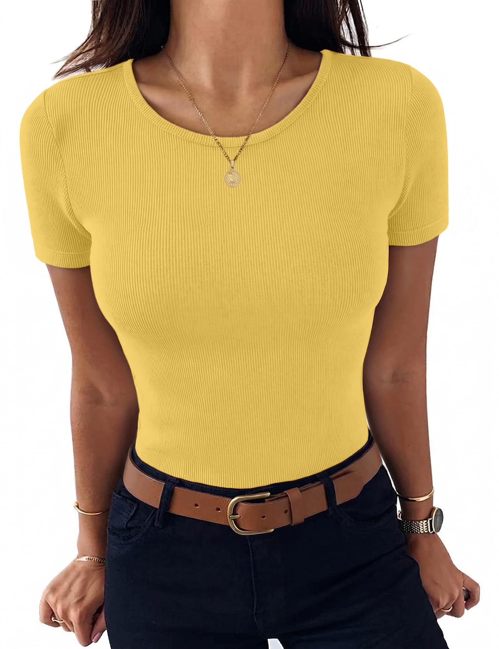 Aottori Damen T-Shirt Rundhals Sommer Oberteile Kurzarm Gerippt Basic Tee Shirts Elegant Slim Fit Tshirt Stretch Casual Tops Einfarbig