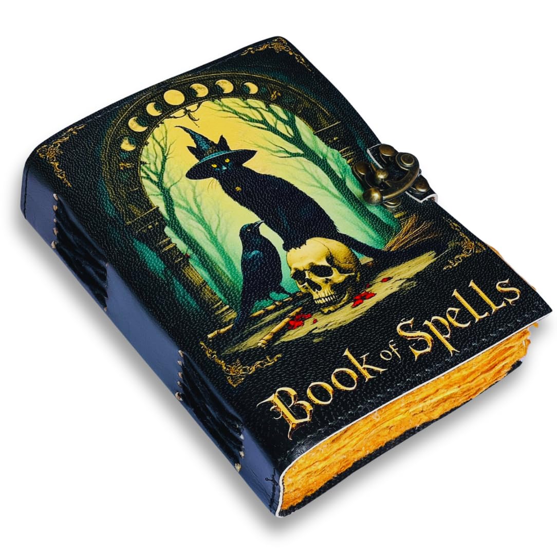 Book of Spells Goth Raven Cat Skull Leather Journal for Men & Women 200 pages With Lock, Witchcraft Supplies Books Witchy gifts for women black Grimoire Journal Spell Book For Halloween Bird dairy 7x5