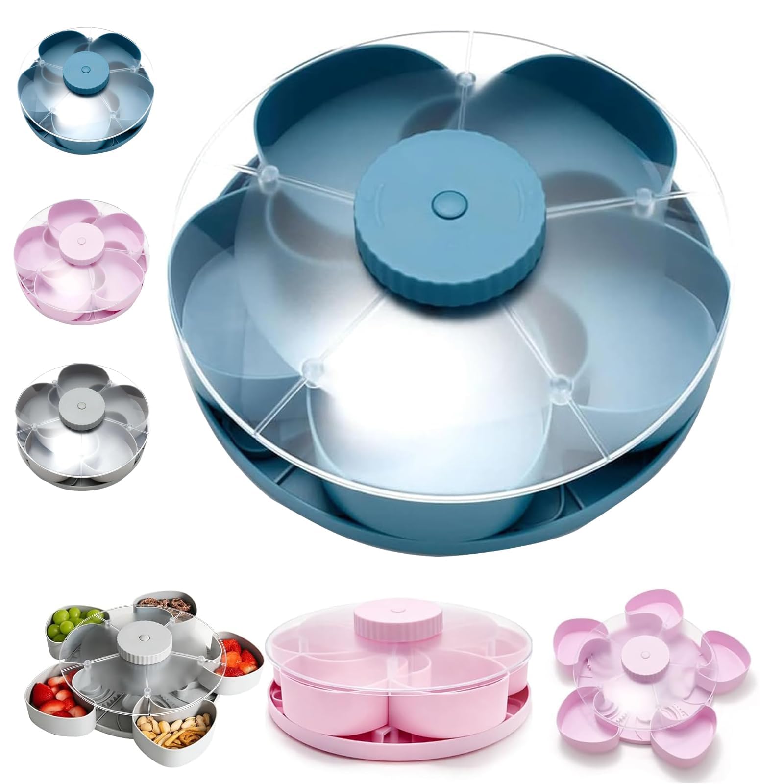 Snack Tray, Rotating Snack Pots with Lids and 5 Compartments, Portable Snacks Box with Rotating Gear Design for Charcuterie Candy, Fruits, Snacks, Nuts for Parties, Travel & Picnics, Kitchen (Blue)